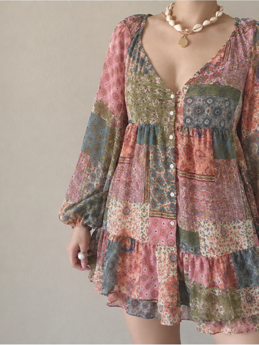 Zara Pink Multi Patchwork Boho Mini Mesh Dress